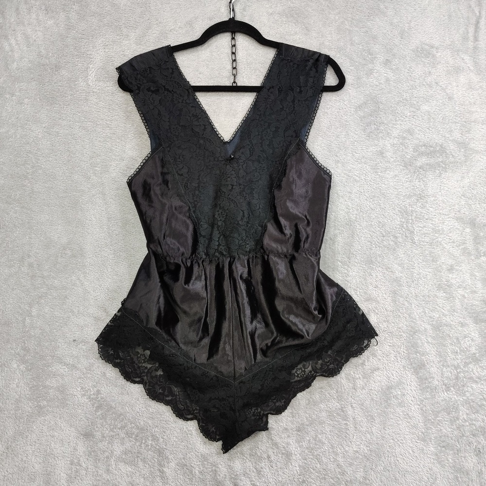 Vintage Spotlight Black Lace Teddy Lingerie Bodysuit Romper 80s USA Womens M